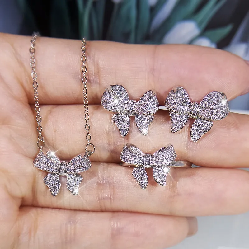 Vintage Cupronickel Bowknot Necklace Rhinestone Stud Earrings Adjustable Ring For Women Silver Color Fashion Jewelry Accessories