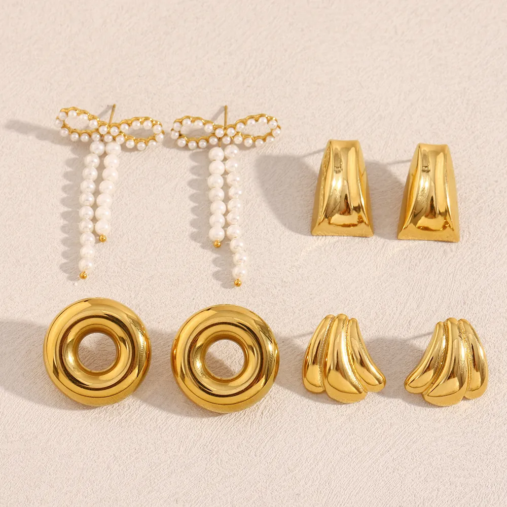 Geometric Earrings 18K Gold Plated Stainless Steel Retro O-Shape Hollow Pumpkin Trapezoid Imitation Artificial Pearl Bow For Women