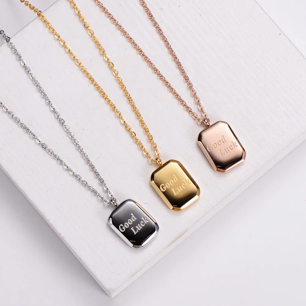Square Tag Pendant Necklace 316L Stainless Steel Good Luck Engraved Mirror Polished Minimalist For Women