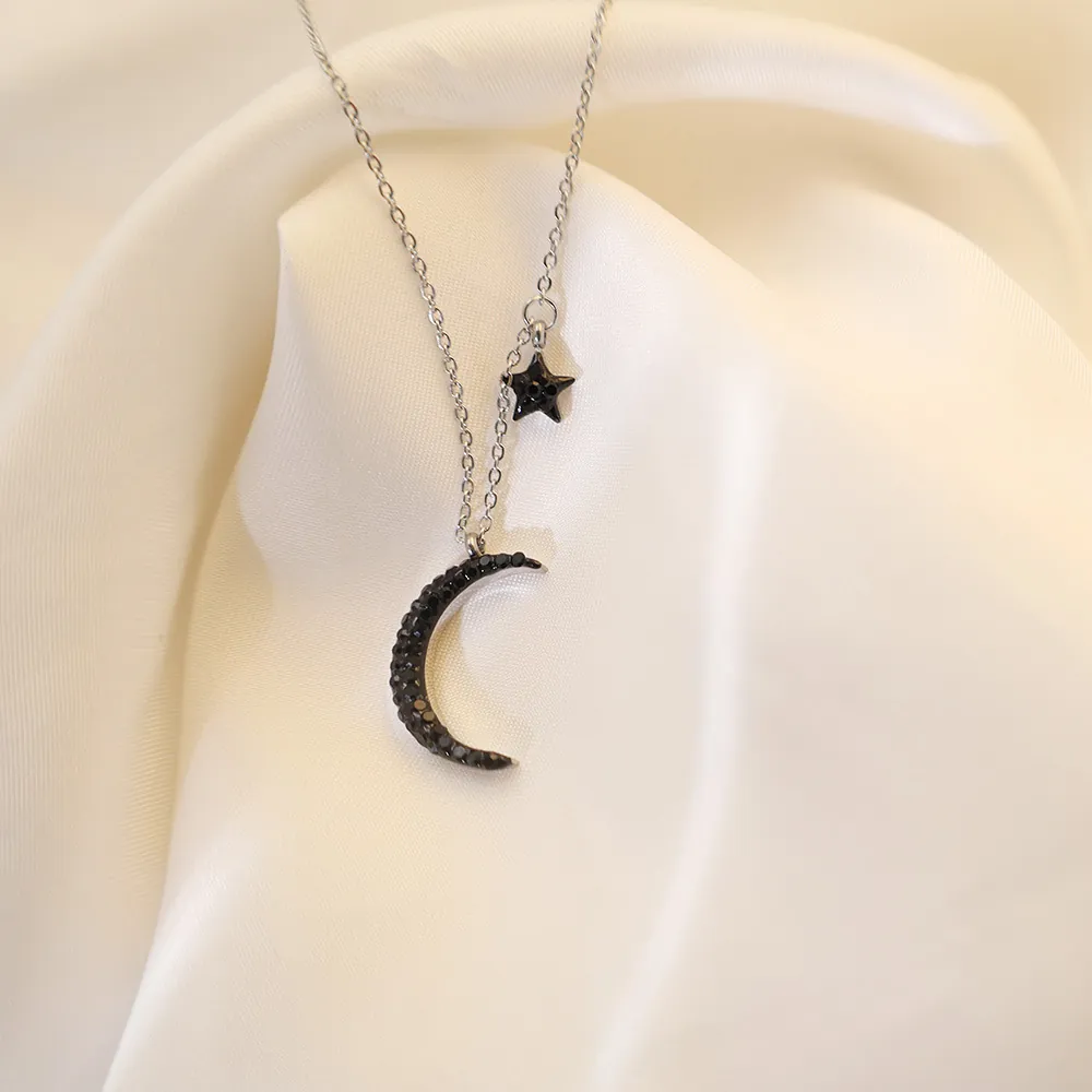 Stainless Steel Star Moon Pendant Necklace With Black Cubic Zirconia Dainty Clavicle Chain Jewelry For Women Elegant