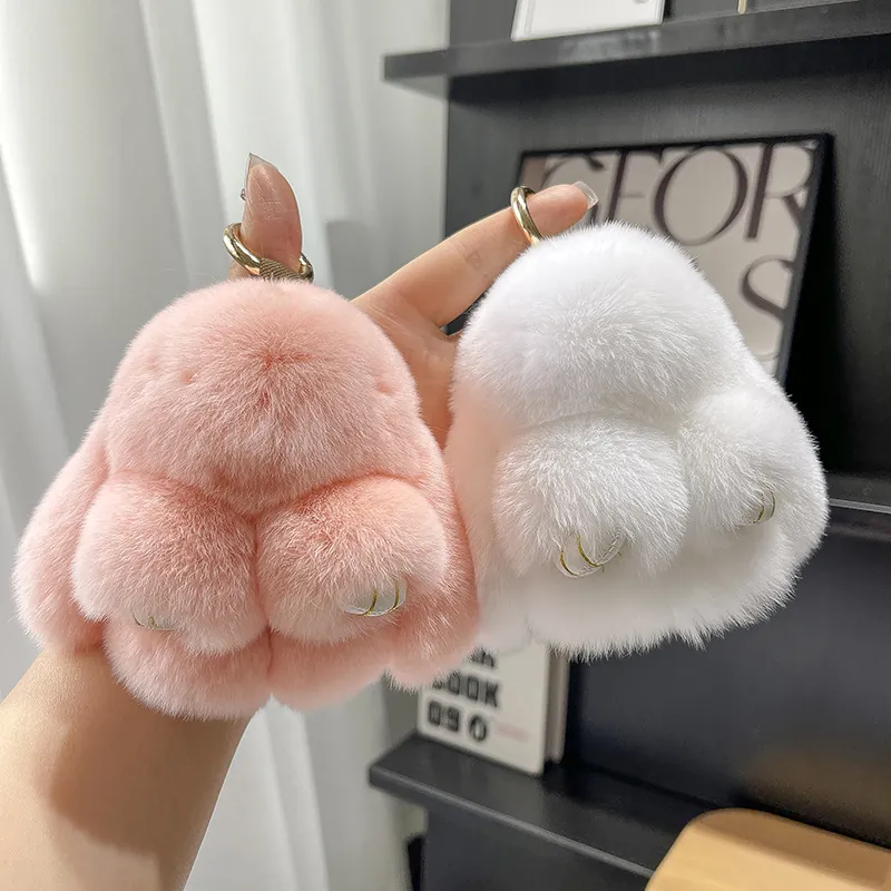 Cute Real Rex Rabbit Fur Bunny Keychain Plush Fluffy Rabbit Doll Car Bag Pendant Decorative Mini Animal Hanging Ornament For Women