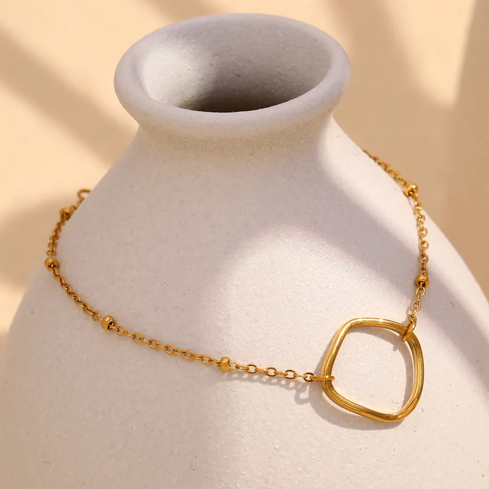 18K Vergoldetes Edelstahl Armband Damen Unregelmäßiger Geometrischer Kreis Anhänger Perlenkette Verstellbar Schmuck