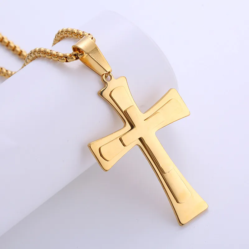 Cross Pendant Necklace 18K Gold Plated 316L Stainless Steel Three Layer Smooth Polished Religious Jewelry With Box Chain
