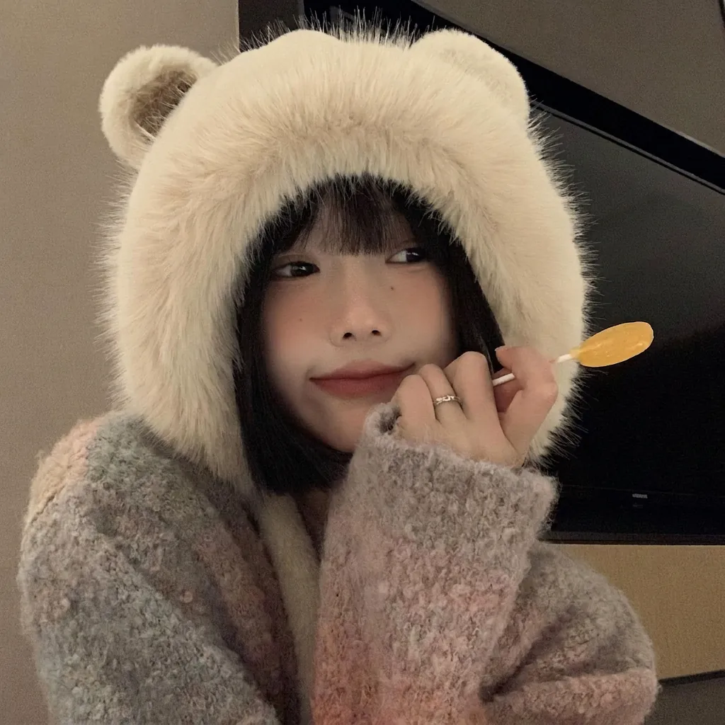 Cute Bear Ear Plush Hat Faux Fur Warm Thickened Winter Ear Flap Cap For Women Korean Style Kawaii Outdoor