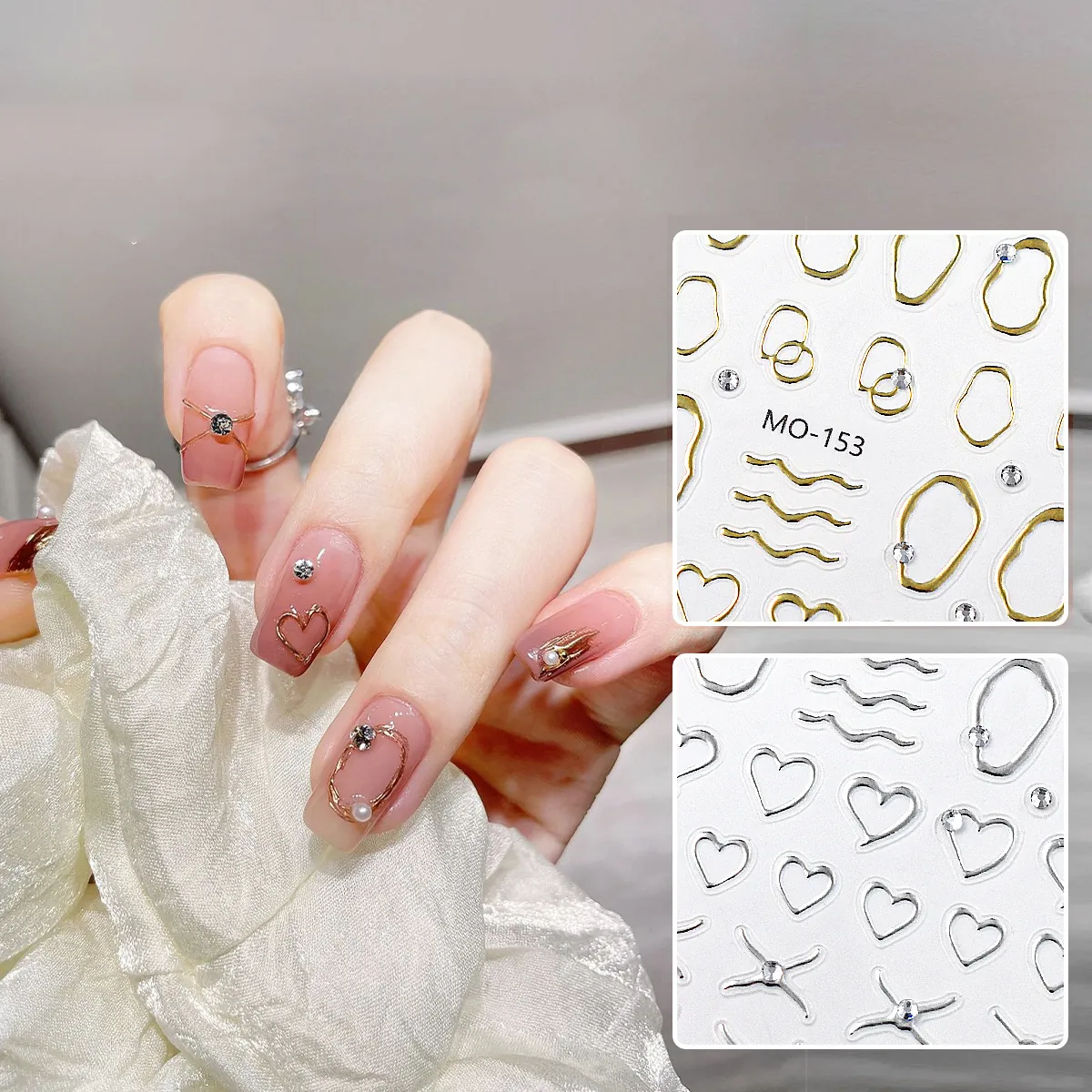 3D Embossed Nail Art Stickers With Metallic Lines Heart Geometric Patterns And Artificial Rhinestones For DIY Manicure Decoration
