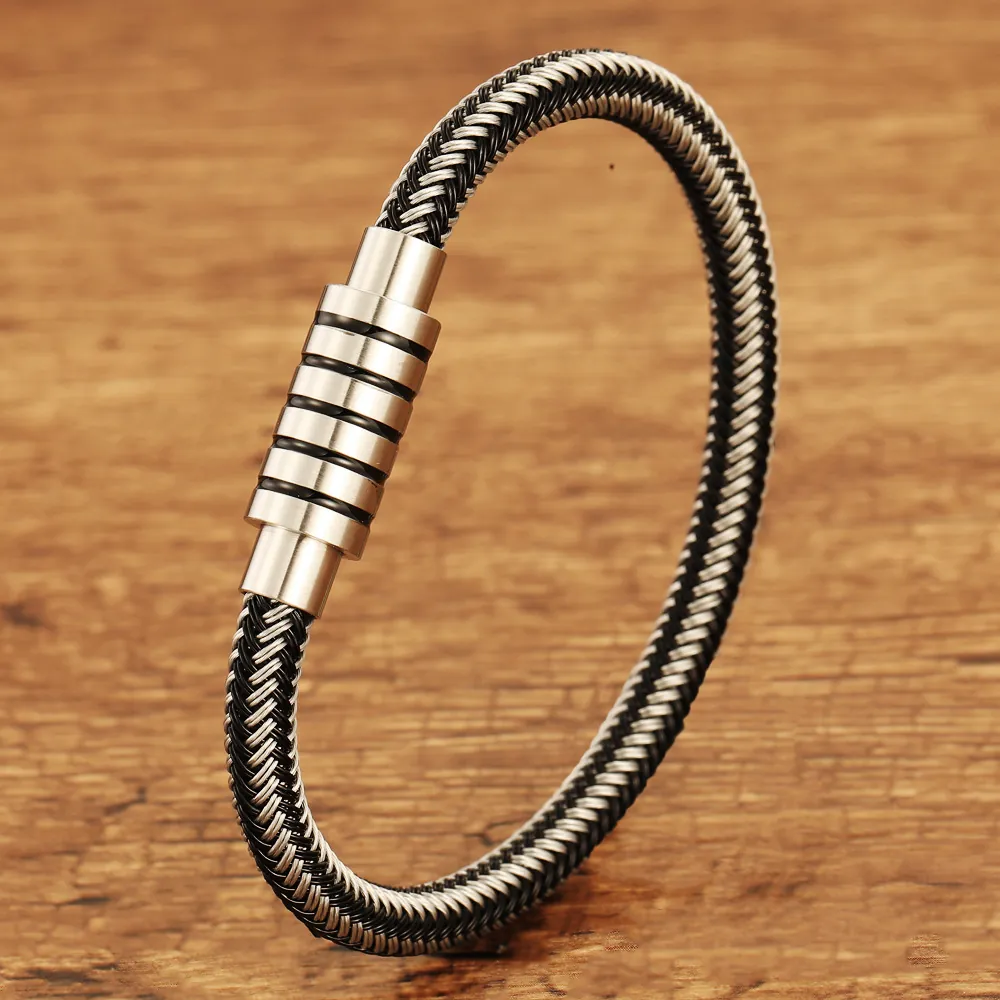 Simple Fashion Stainless Steel Braided Bracelet For Men Magnetic Clasp Industrial Style Bangle Jewelry Accessory