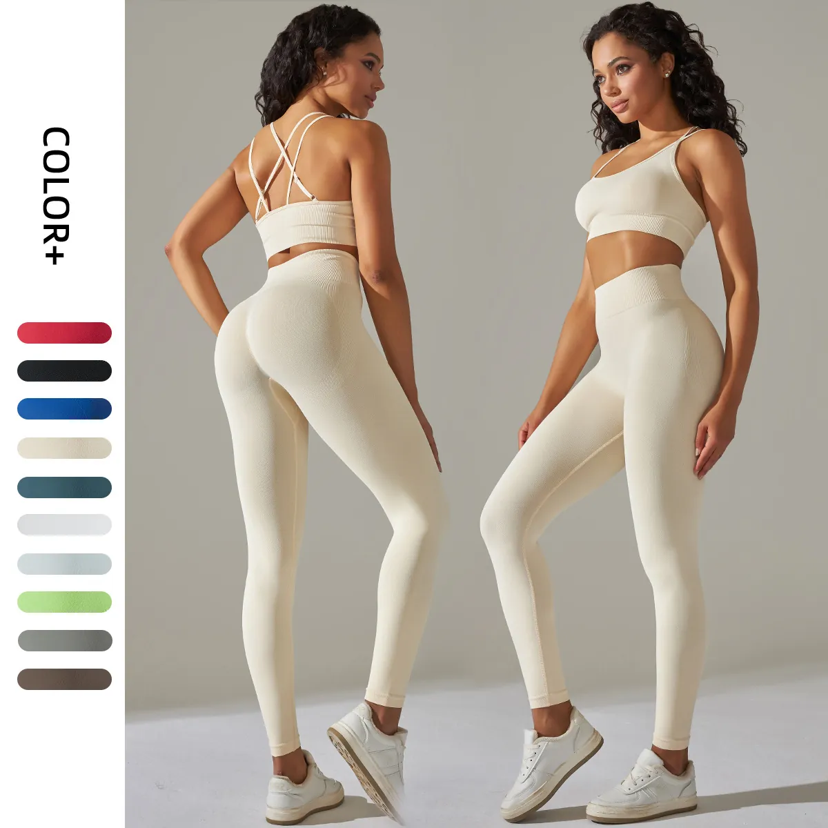 Women Seamless Ribbed Yoga Set Featuring Criss Cross Sports Bra And High Waist Tummy Control Lifting Leggings Top And Bottom