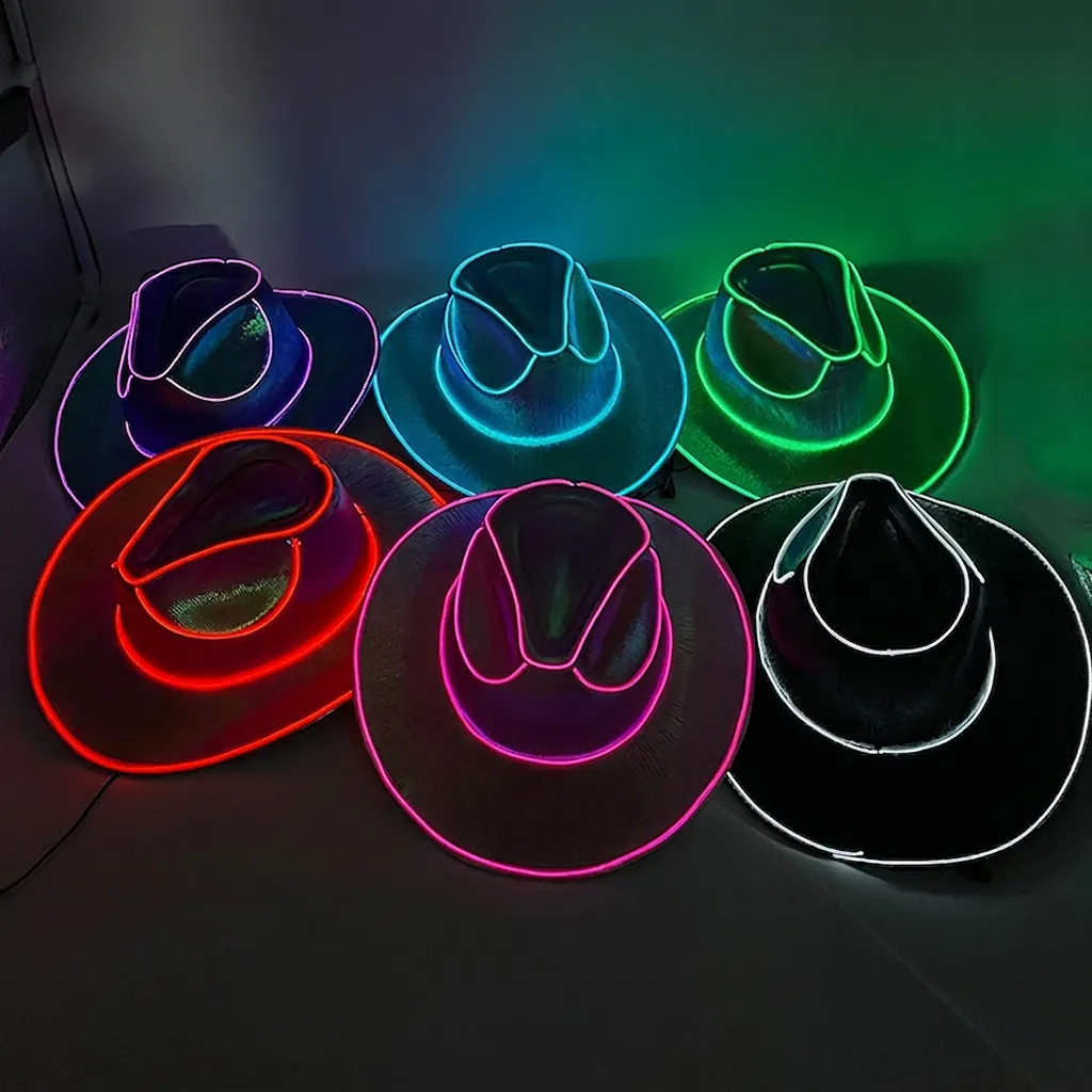 LED Light Up Cowboy Hat Neon EL Wire Luminous Western Cap For Carnival Halloween Party Music Festival Unisex