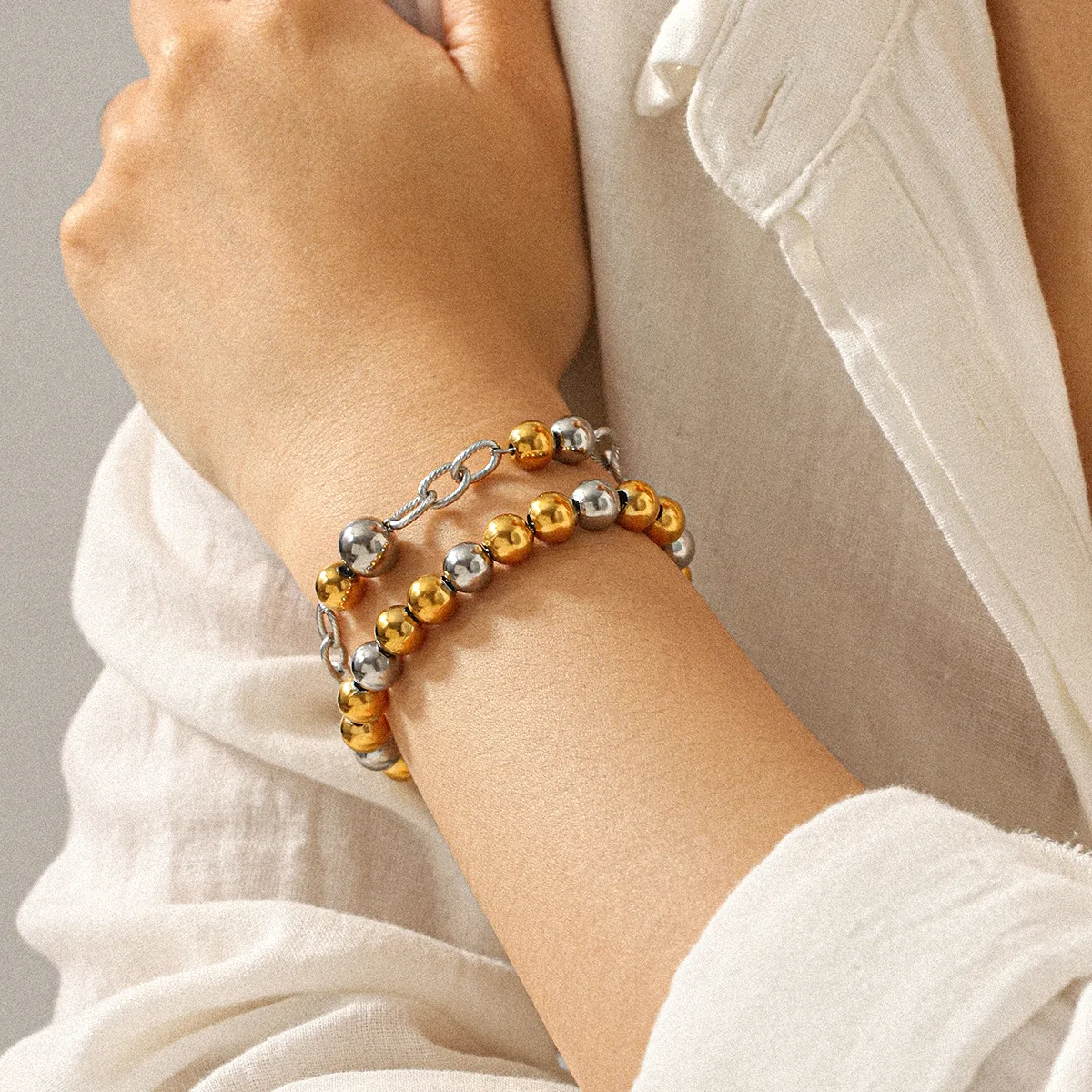 Bracelet À Billes En Acier Inoxydable Pour Femmes Bicolore Or Argent Perles Rondes Chaîne Minimaliste Bijoux Réglables
