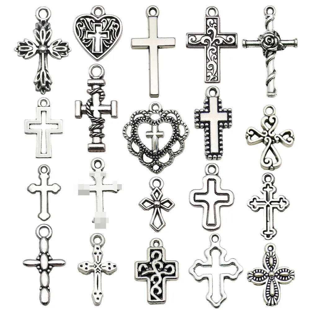 Antiek Zilveren Legering Kruis Charmes Hart Roos Holle Hangers Voor DIY Sieraden Maken Kettingen Oorbellen