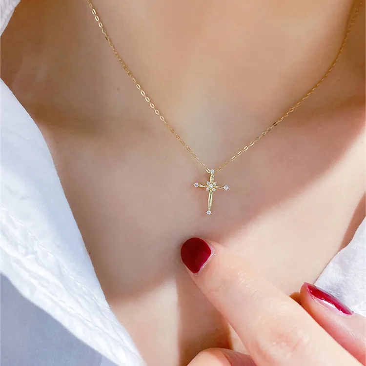 Cross Pendant Necklace 925 Sterling Silver 14K Gold Plated Sparkling Zircon French Retro Jewelry For Women