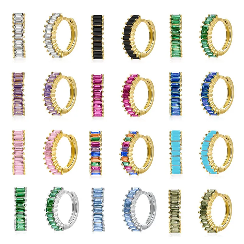Baguette Cut Zircon Huggie Hoop Earrings Colorful Copper Gold Plated Simple Fashion Jewelry For Women