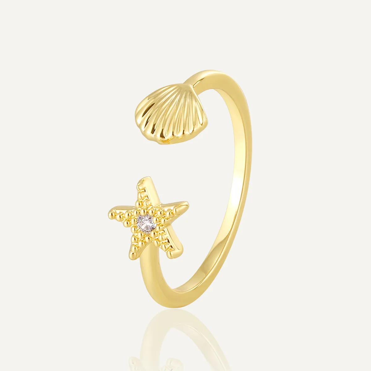 Französischer Vintage Gold Plated Kupfer Seestern Muschel Offener Ring Für Damen Verstellbar Meer Element Zirkonia Schmuck Geschenk