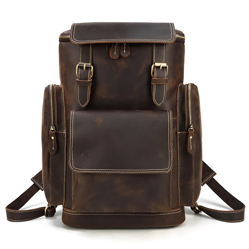 Vintage Crazy Horse Leather Backpack Men Large Capacity Genuine Cowhide Travel Rucksack Business Laptop Computer Bag Retro