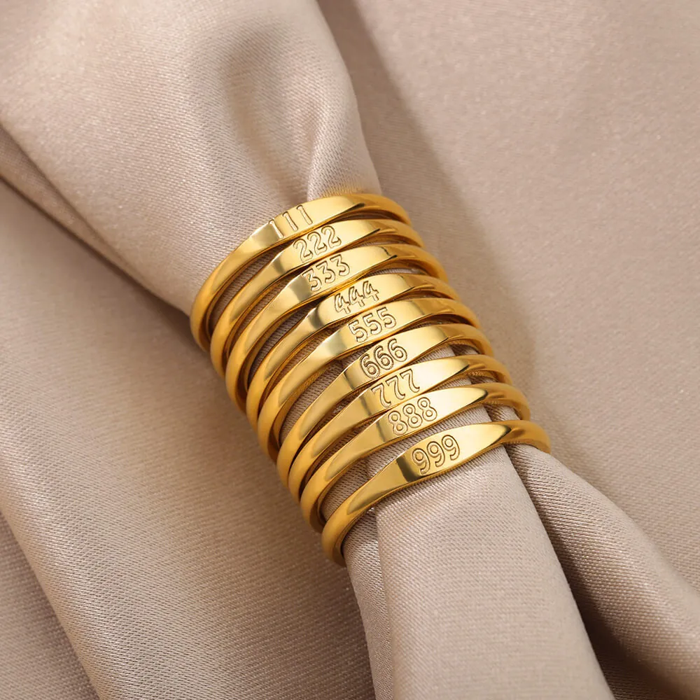 Minimalistischer Kupfer Engel Nummer Ring Vergoldet Graviert LUCKY 111 222 333 444 555 666 777 888 999 Damen Schmuck Ring