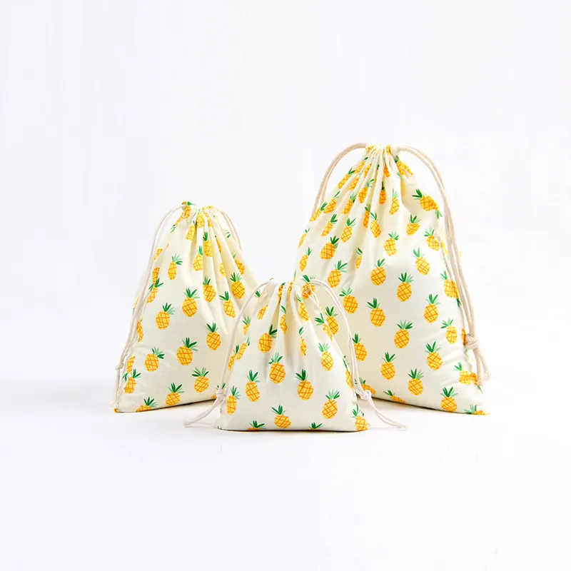 Drawstring Storage Pouch Cotton Cloth Cartoon Duck Fruit Print Portable Travel Organizer Gift Packaging Bag