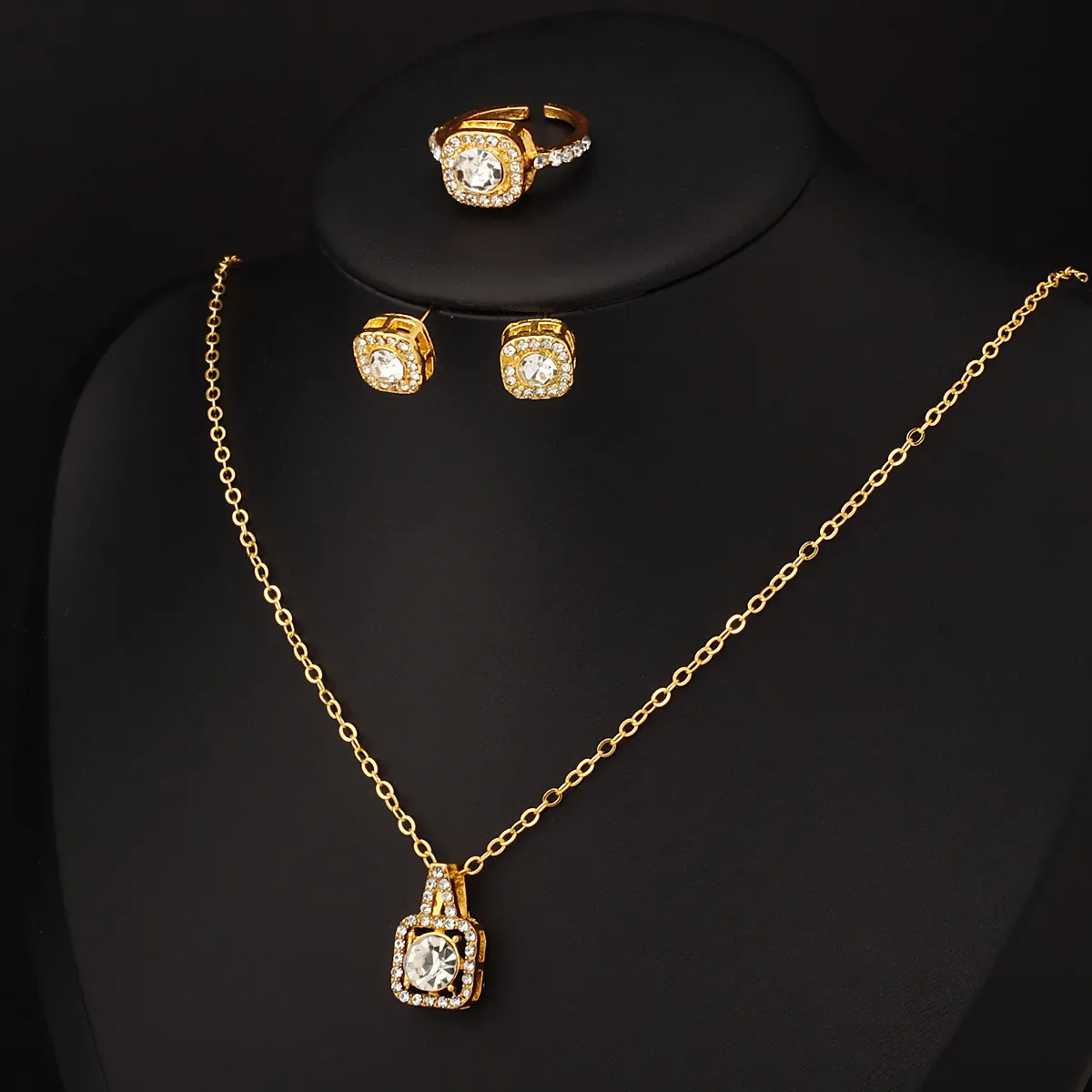 Elegant Alloy Zircon Square Halo Necklace Earrings And Adjustable Ring For Women Wedding Bridal Jewelry Party Gift