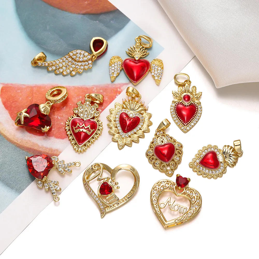 Heart Charms Pendants 18K Gold Plated Copper Zircon Angel Wings Crown For DIY Necklace Bracelet Making Jewelry