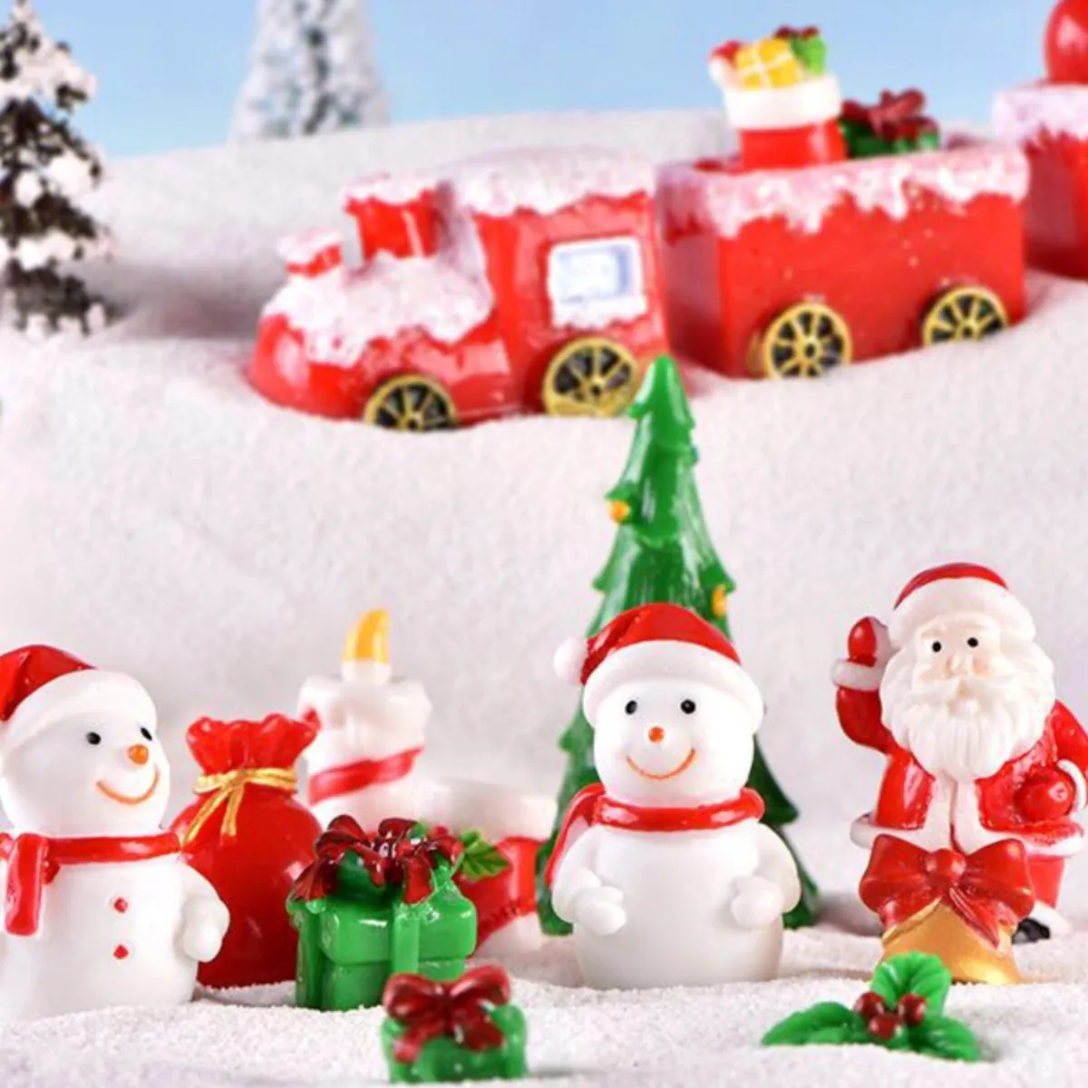 Christmas Mini Figurines Resin Santa Snowman Reindeer Sleigh Train Micro Landscape Desktop Decoration DIY Fairy Garden