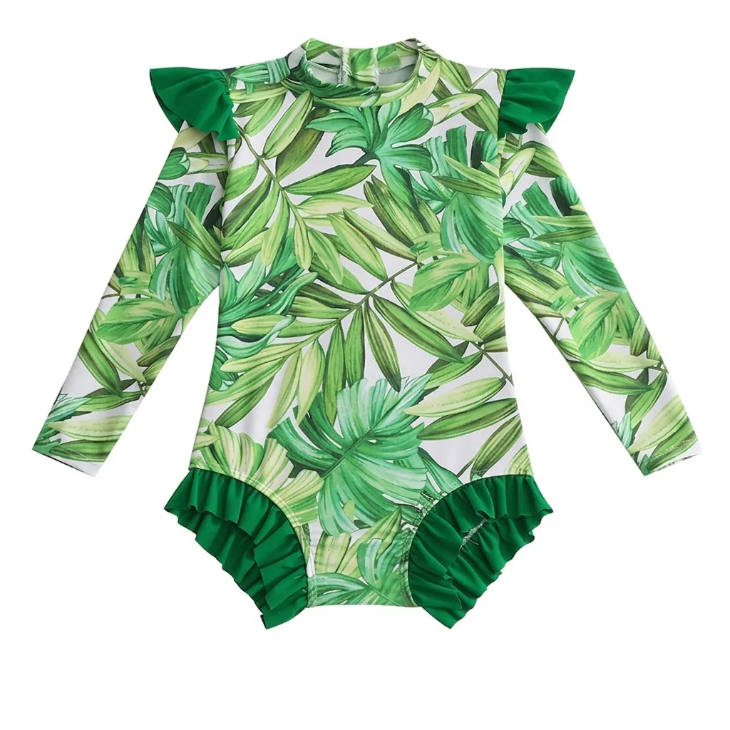 Maillot De Bain Une Pièce À Manches Longues Pour Filles Polyester Volants Protection Solaire Fermeture Éclair
