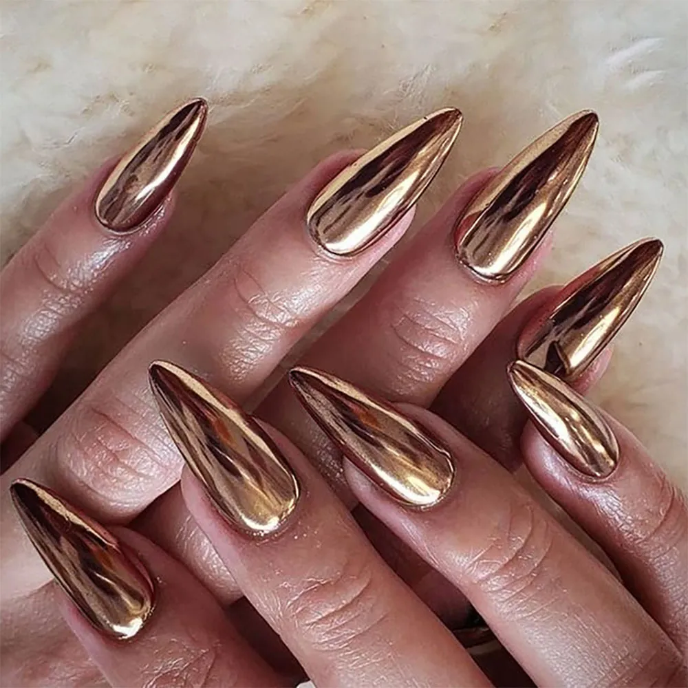 Metallic Spiegel Press On Nägel Roségold Bronze Mandelform Lange Spitze Künstliche Falsche Nägel Für Damen Mode