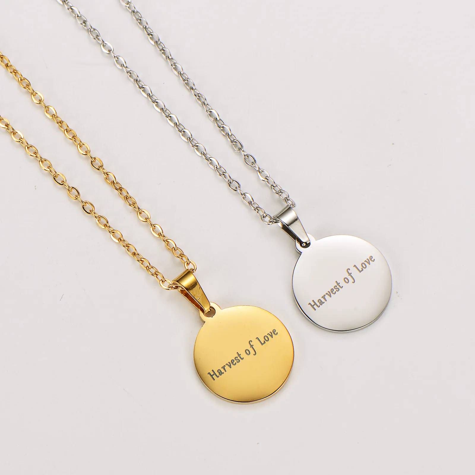 Harvest Of Love Engraved Round Pendant Necklace 304 Stainless Steel PVD 18K Gold Plated High Polished Jewelry