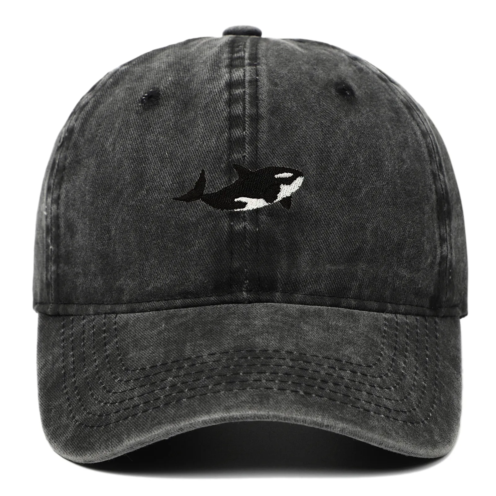 Orca Embroidery Baseball Cap Washed Cotton Vintage Distressed Adjustable Sun Protection Casual Outdoor Hat