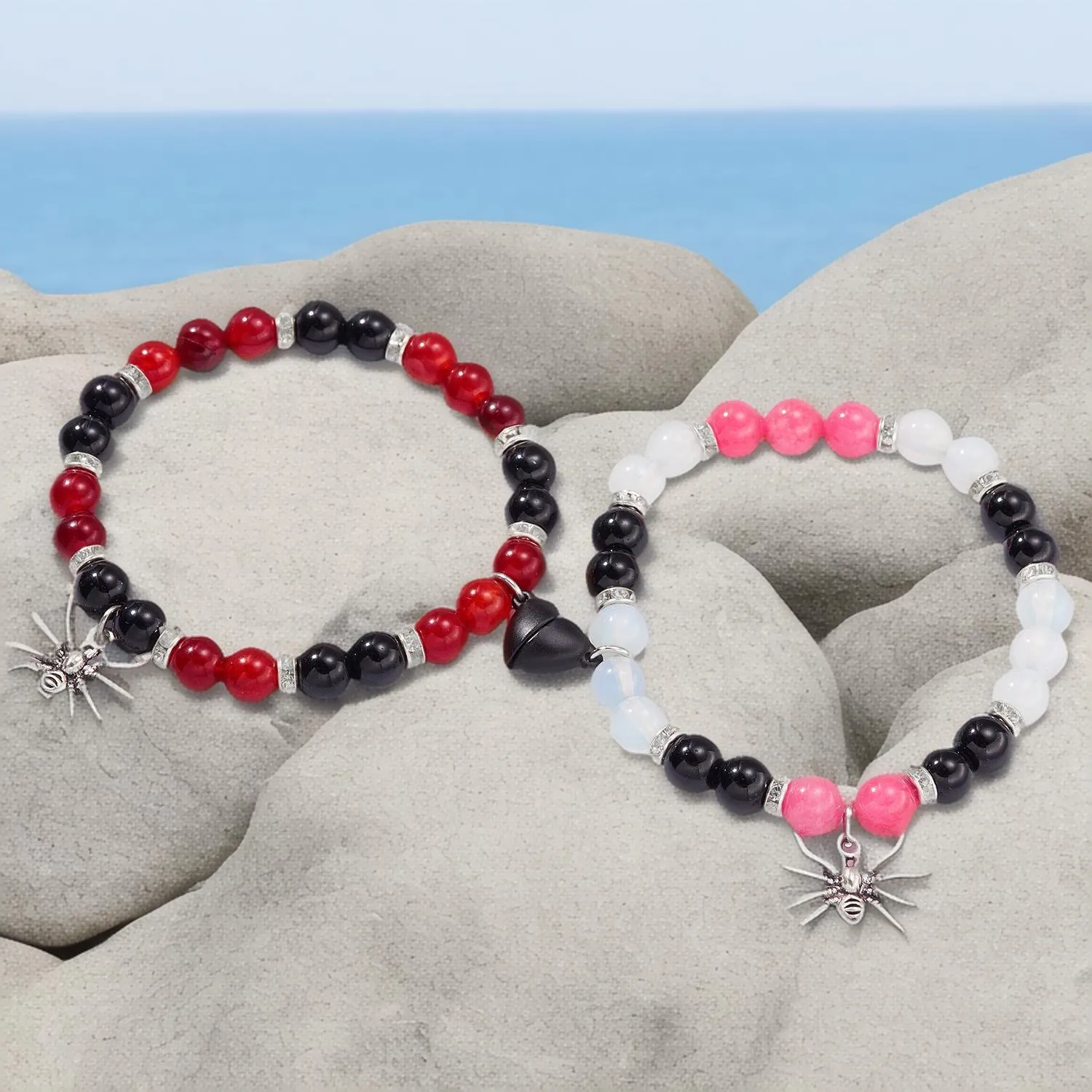 Halloween Beaded Bracelet With Spider Charms And Heart Magnetic Clasp Agate Stone Style Jewelry For Couples Friends