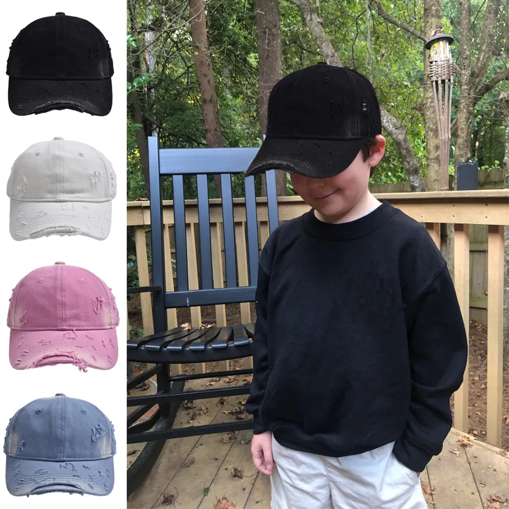 Kids Distressed Denim Baseball Cap Vintage Ripped Adjustable Sun Protection Outdoor Sun Hat For Boys And Girls