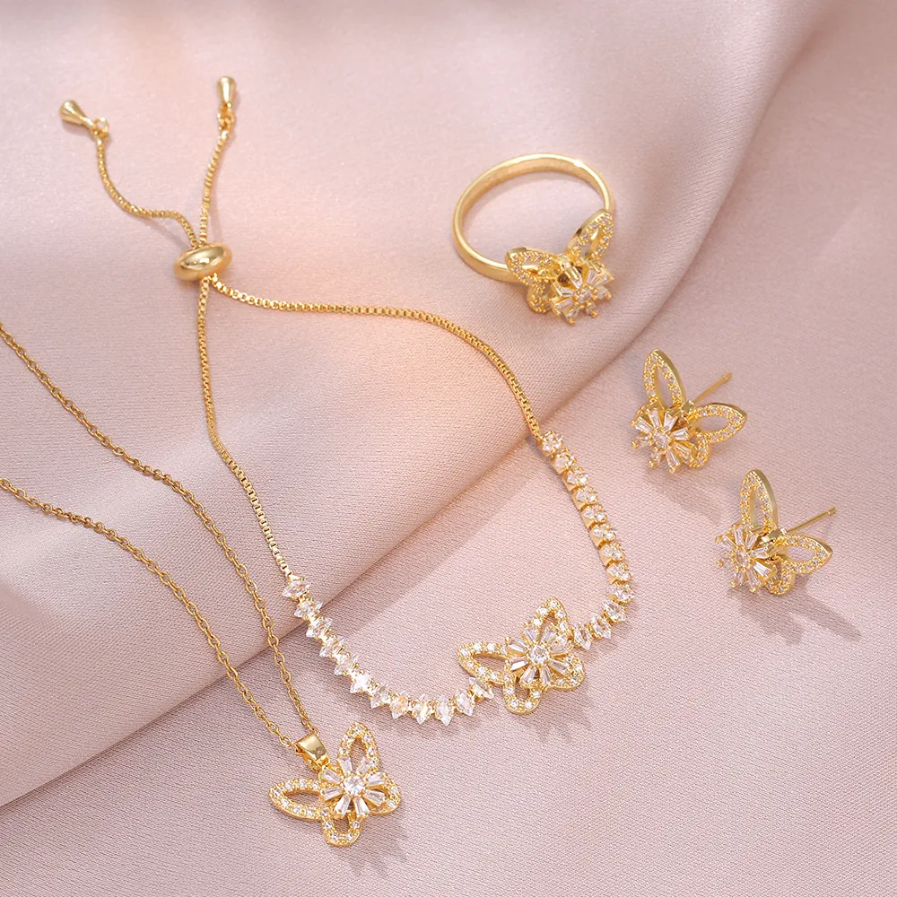 Butterfly Rotating Jewelry For Women Titanium Steel Gold Plated Micro Inlaid Zircon Necklace Earrings Ring Bracelet Fashion
