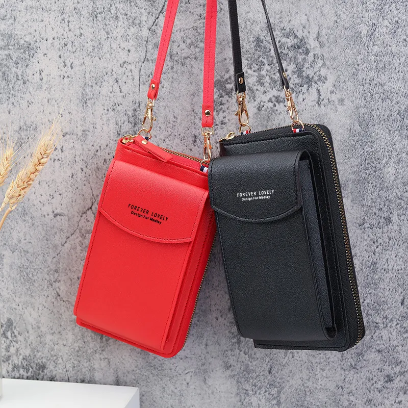 Women Crossbody Phone Bag PU Leather Multi Functional Wallet Purse With Card Slots Adjustable Strap Solid Color Simple