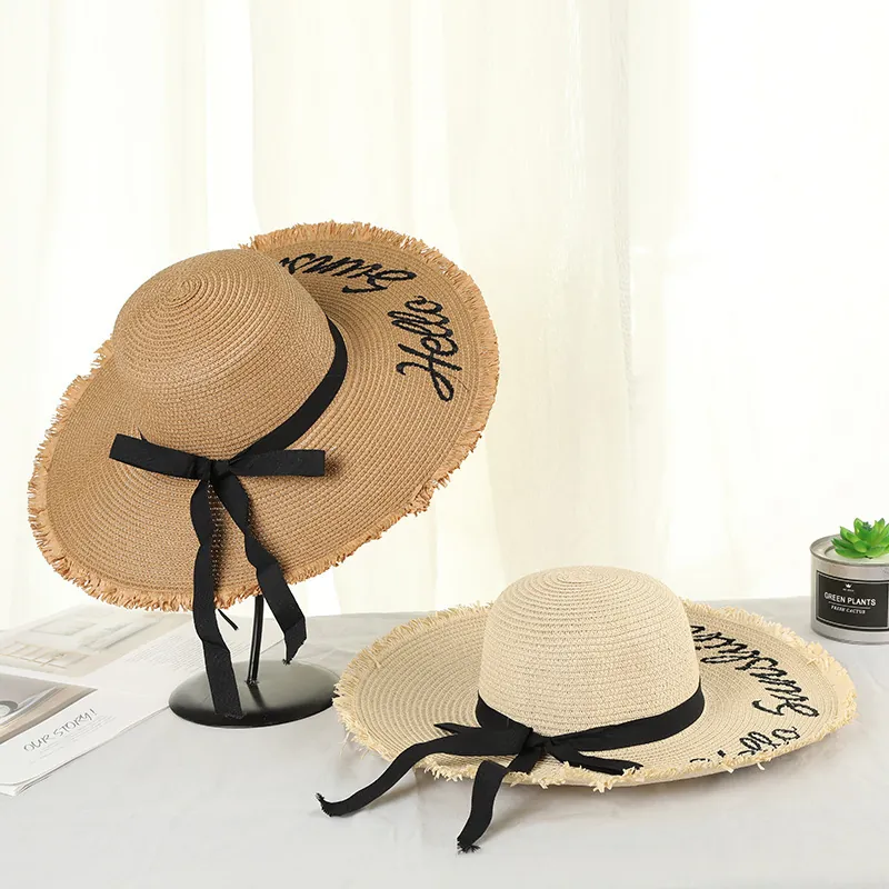 Elegant Women Wide Brim Straw Sun Hat Paper Straw With Bow Ribbon And Hello Sunshine Embroidery For Beach Vacation