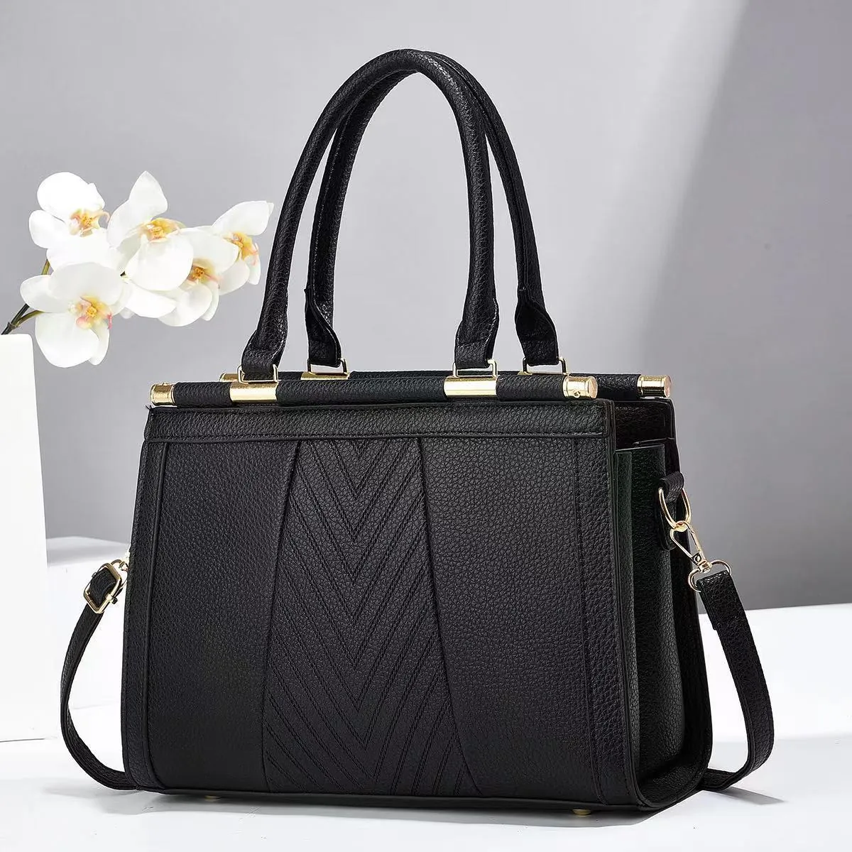 Sac Cabas Femme en Cuir PU Motif Litchi avec Surpiqûres en V Sac à Main Grande Capacité Sac à Épaule Bandoulière avec Accessoires Dorés