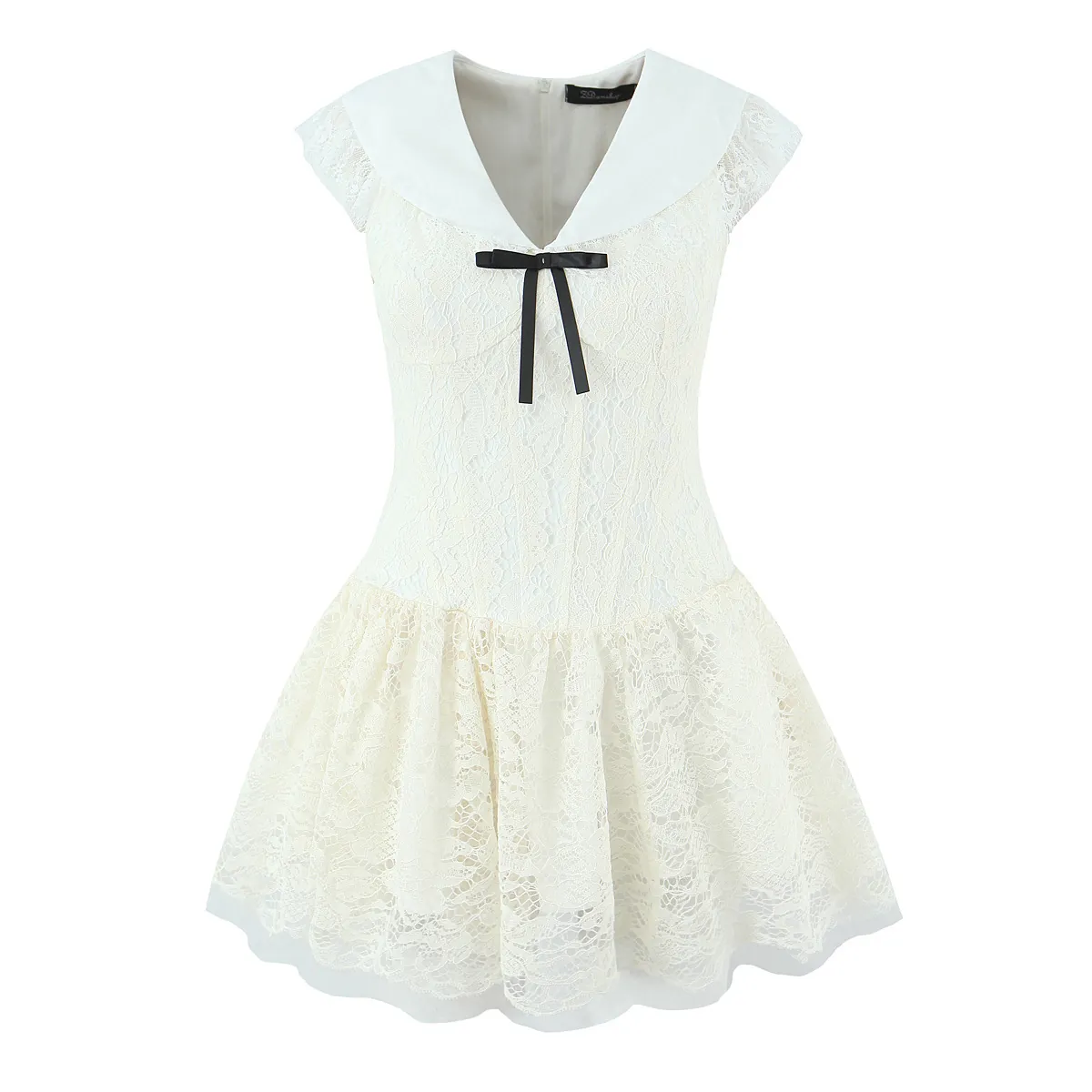 White Lace Mini Dress French Sweet Mesh V-Neck Bow Knot Short Sleeve Lolita Style Elegant For Women