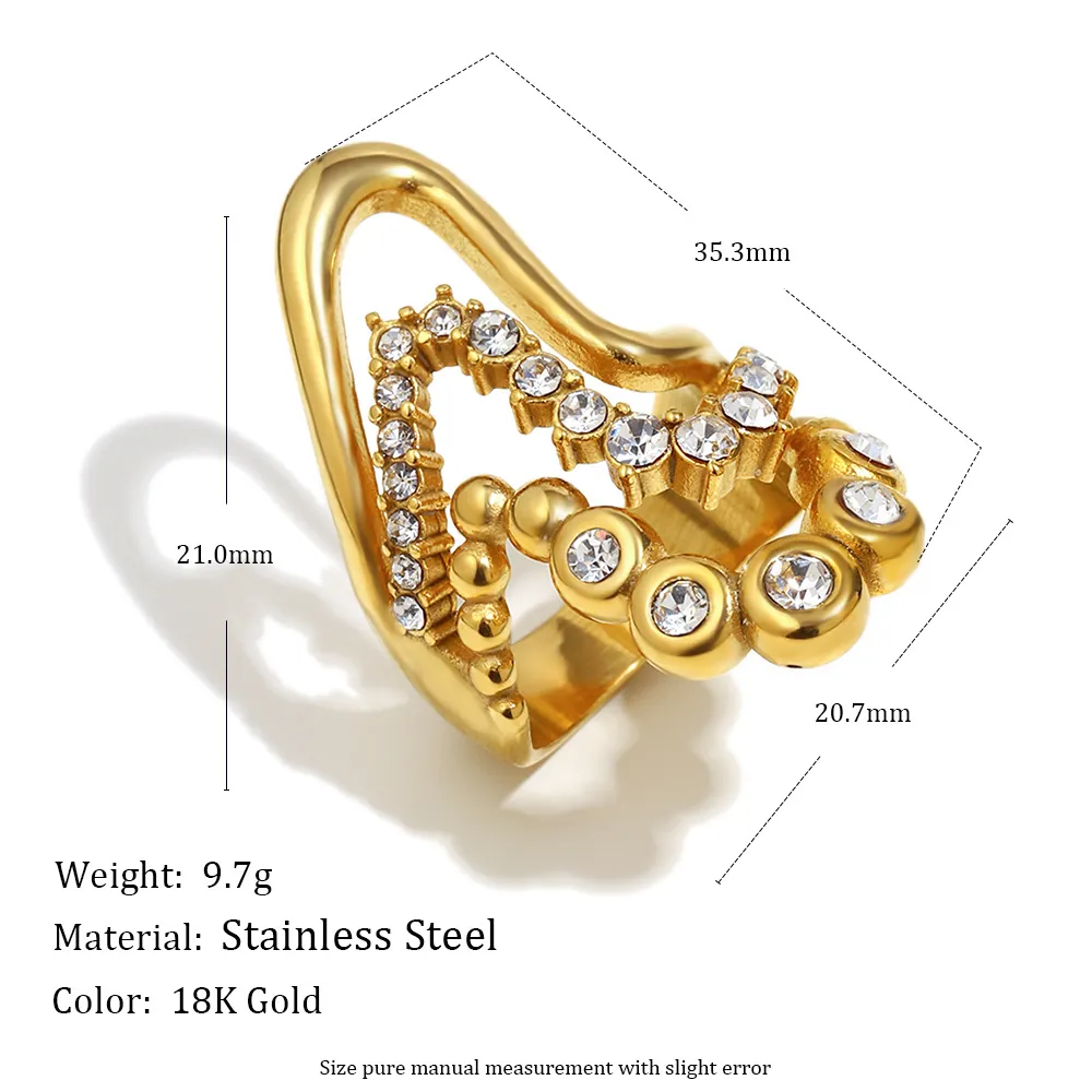 Edelstahl 18K Vergoldet Mehrlagig Wellen Ring Für Frauen Unregelmäßiges Herz Zirkon Eingelegt Übertriebener Schmuck