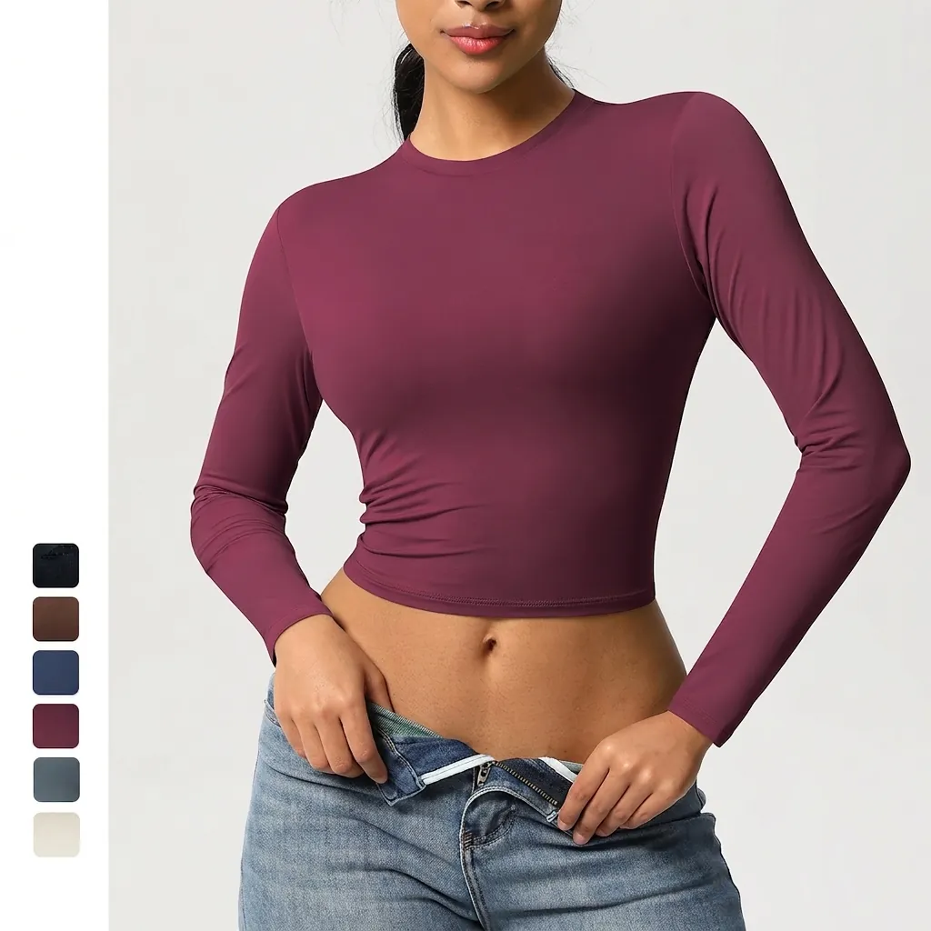 Haut Court de Yoga Serré à Manches Longues pour Femmes Sensation Nue T-Shirt de Sport à Séchage Rapide Pullover Entraînement Gym Fitness Course Vêtements de Sport