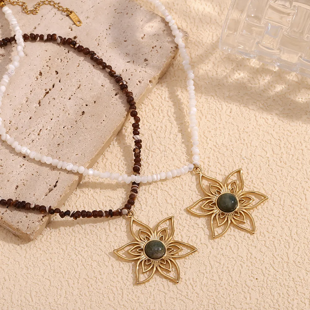 18K Gold Plated Stainless Steel Flower Pendant Necklace With Natural Stone Beads Bohemian Vintage Hollow Petal Jewelry