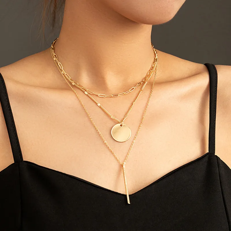 Minimalist Multi Layer Necklace Gold Plated Copper With Round Disc And Vertical Bar Pendants Paperclip Chain For Women Elegant