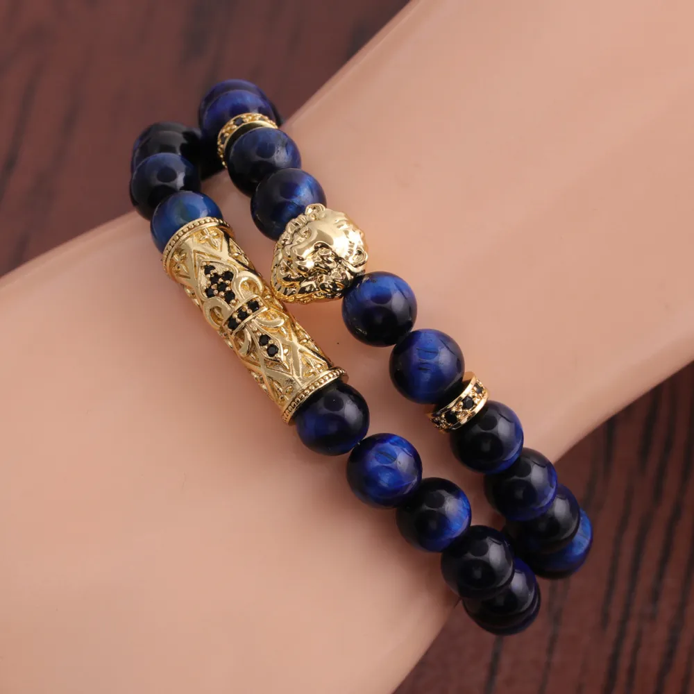Bracciali Di Perline Da Uomo Occhio Di Tigre Blu Testa Di Leone Oro Croce Retro Gioielli Elastico Regolabile