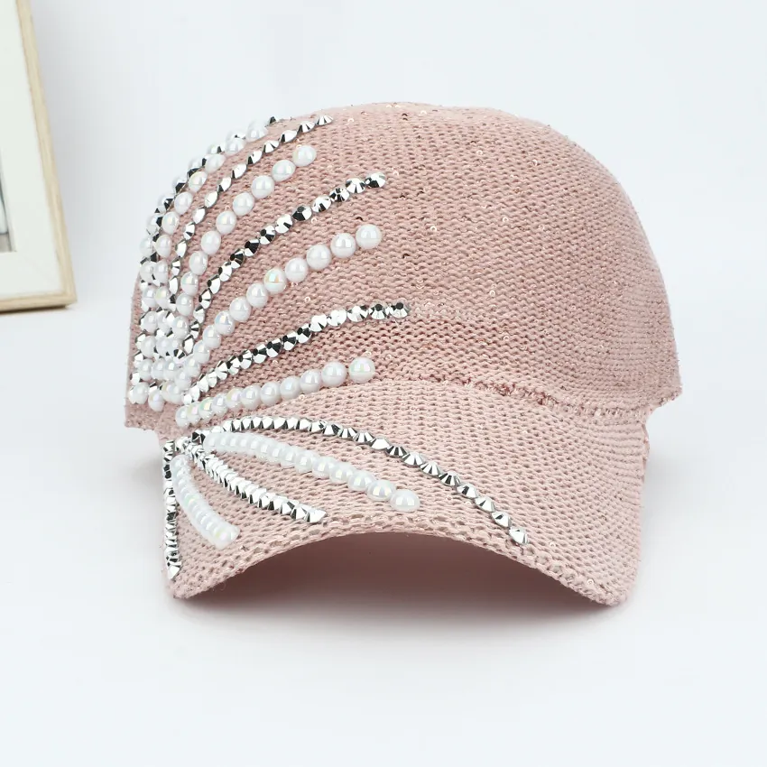Women Artificial Pearl Rhinestone Baseball Cap Breathable Acrylic Knit Sun Hat Adjustable Fashion Elegant Sparkly Outdoor