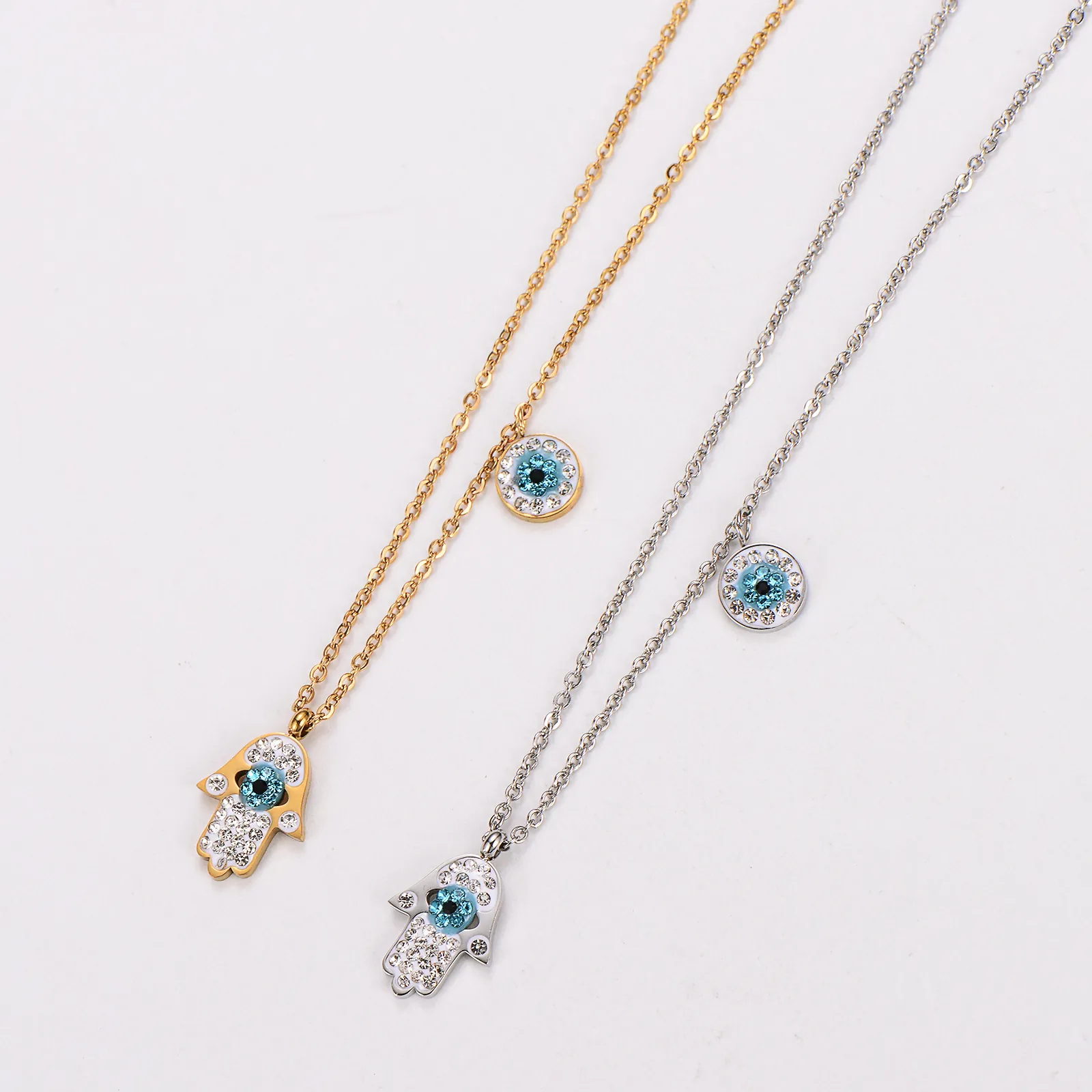 Hamsa Hand Evil Eye Pendant Necklace 304 Stainless Steel Rhinestone Inlaid Double Dangle Chain Jewelry Women