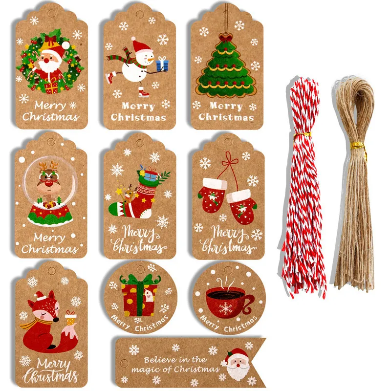 Christmas Kraft Paper Gift Tags With String Santa Claus Snowman Reindeer Pattern Holiday Package Decor Hanging Labels