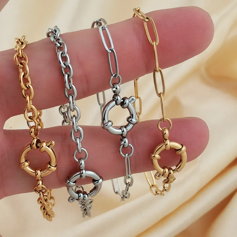 Bracelet Chaîne à Maillons Paperclip en Acier Inoxydable pour Femme Plaqué Or 18K Élégant Bijoux Fermoir à Ressort