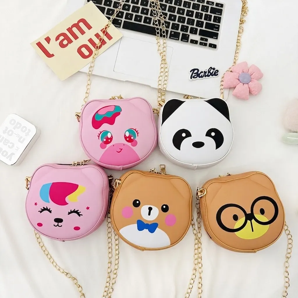 Kids Cartoon Animal Shoulder Bag Pu Leather Cute Panda Bear Crossbody Purse With Metal Chain For Girls Daily Decor