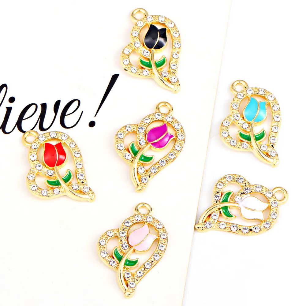 Heart Tulip Pendants Alloy Rhinestone Enamel Floral Charms For DIY Necklace Earring Jewelry Making Accessories
