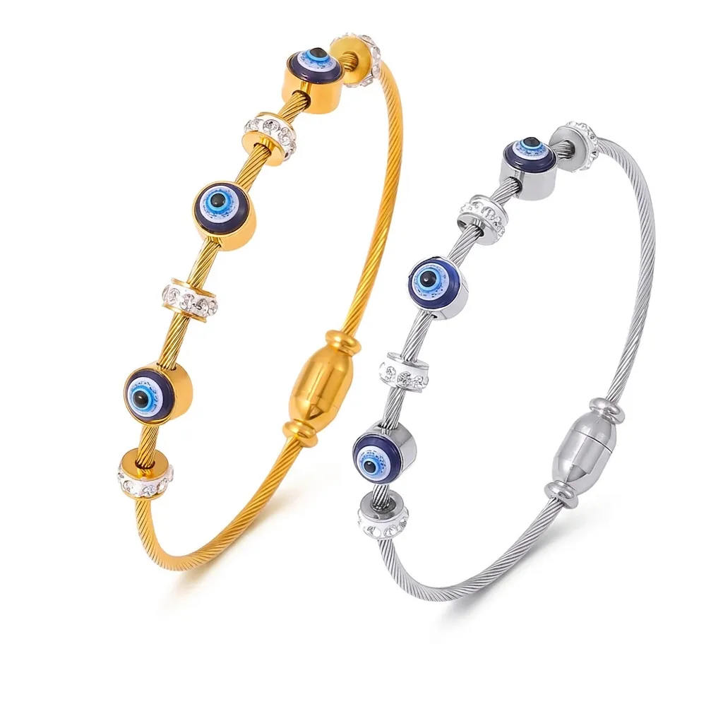 Bracciale A Cavo Intrecciato Malocchio Acciaio Al Titanio Smalto Nazar Charm Rigido Con Strass Chiusura Magnetica Placcato Oro