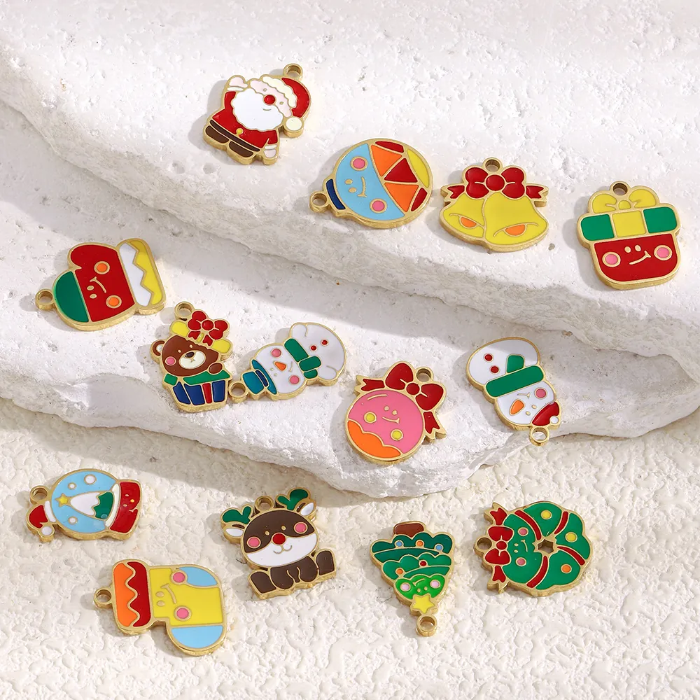 Christmas Charms DIY Jewelry Making Stainless Steel Enamel 18K Gold Plated Santa Snowman Tree Reindeer Colorful Pendants