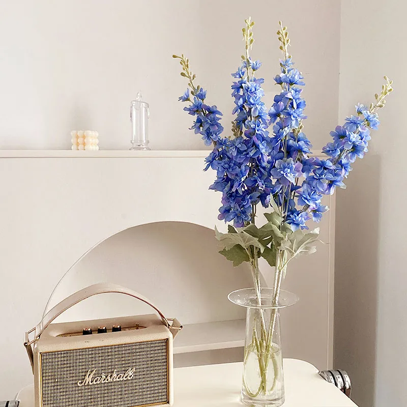 Artificial Delphinium Flower Flocked Satin Cloth Long Stem Faux Branch Wedding Party Home Vase Decoration Realistic Floral