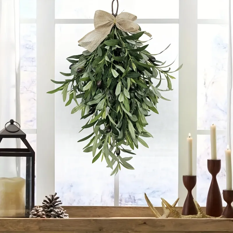 Artificial Olive Leaf Swag Teardrop Wall Hanging With Black Berries And Burlap Bow Farmhouse Front Door Decor Green