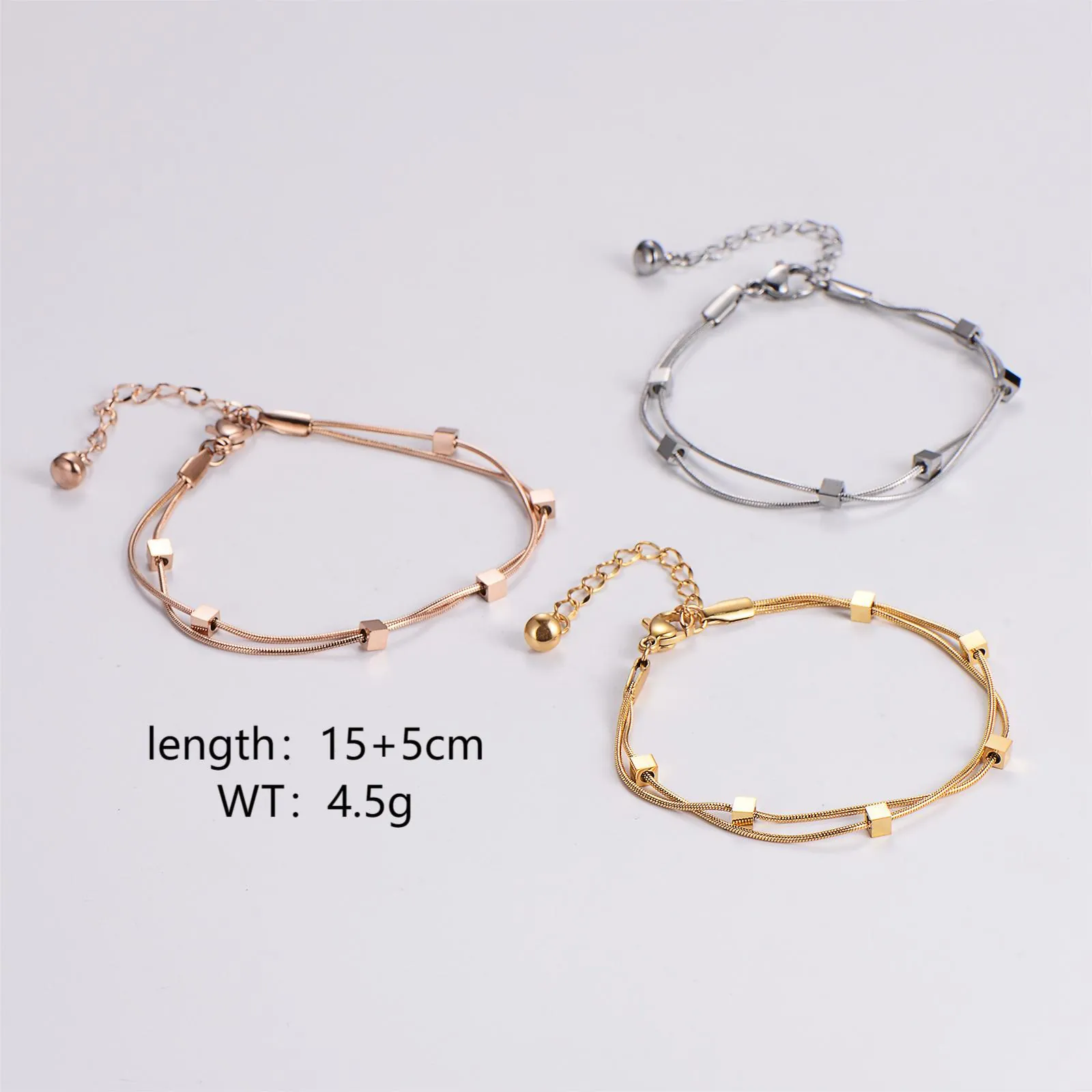 Double Layer Snake Chain Bracelet With Geometric Cube Beads Stainless Steel Adjustable Minimalist Jewelry For Women